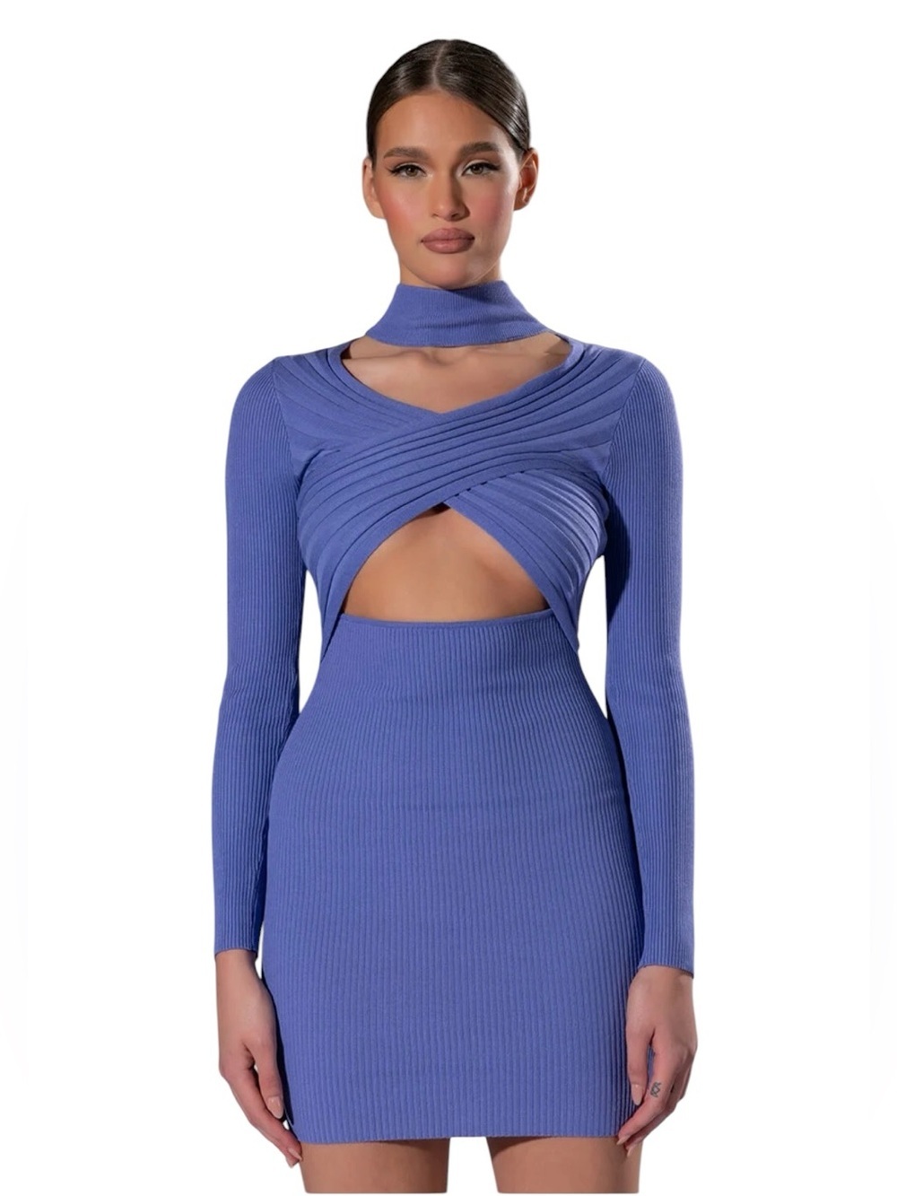 AKIRA - The Good One Cutout Cross Front Ribbed Sweater Mini Dress Purple Sz M